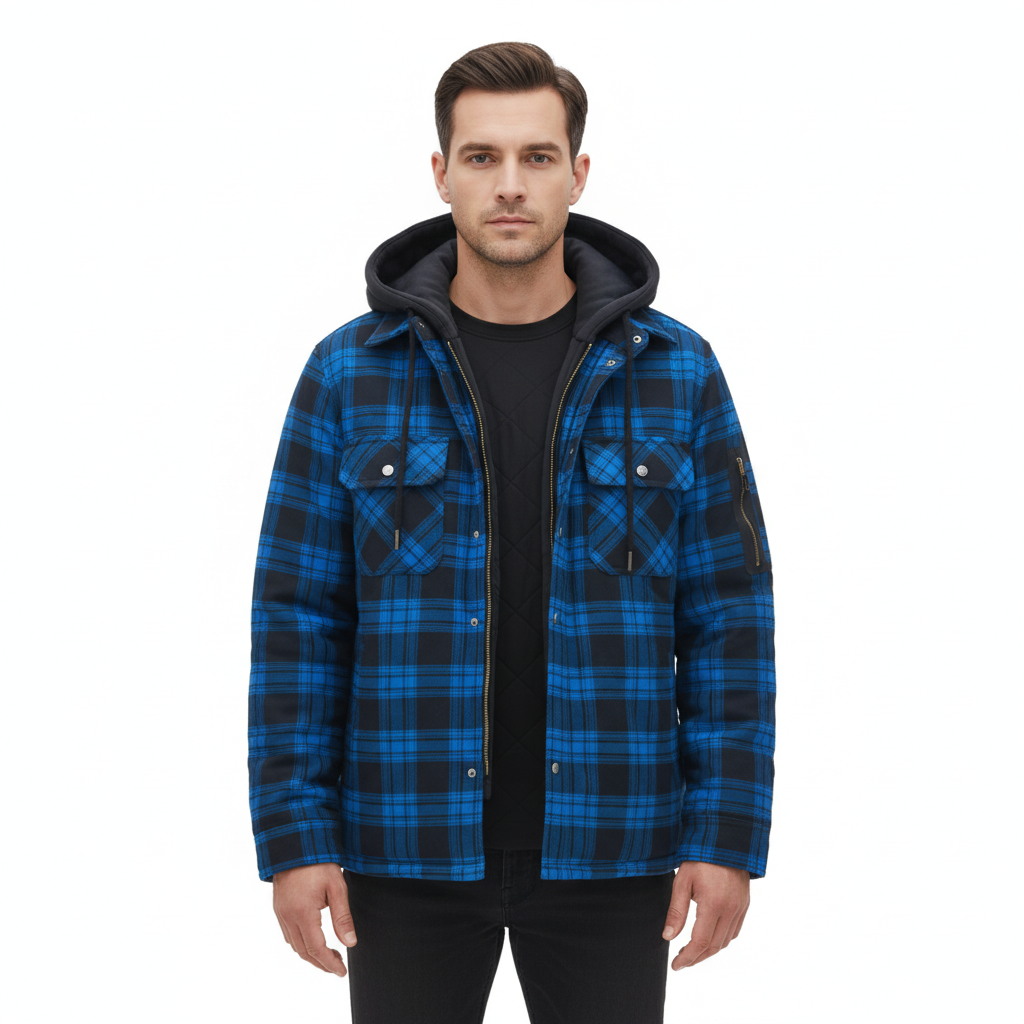 Men's Checkered Jacket with Hood and Chest Pockets