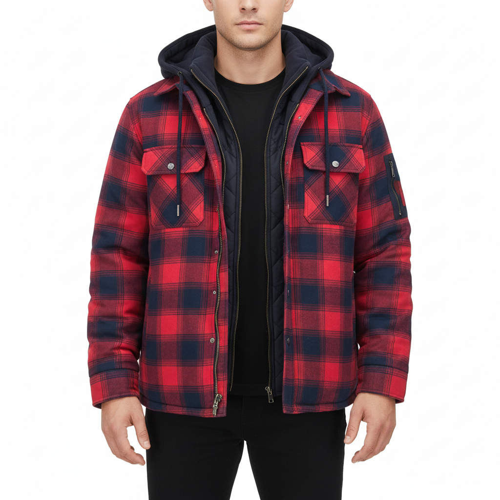 Men's Checkered Jacket with Hood and Chest Pockets