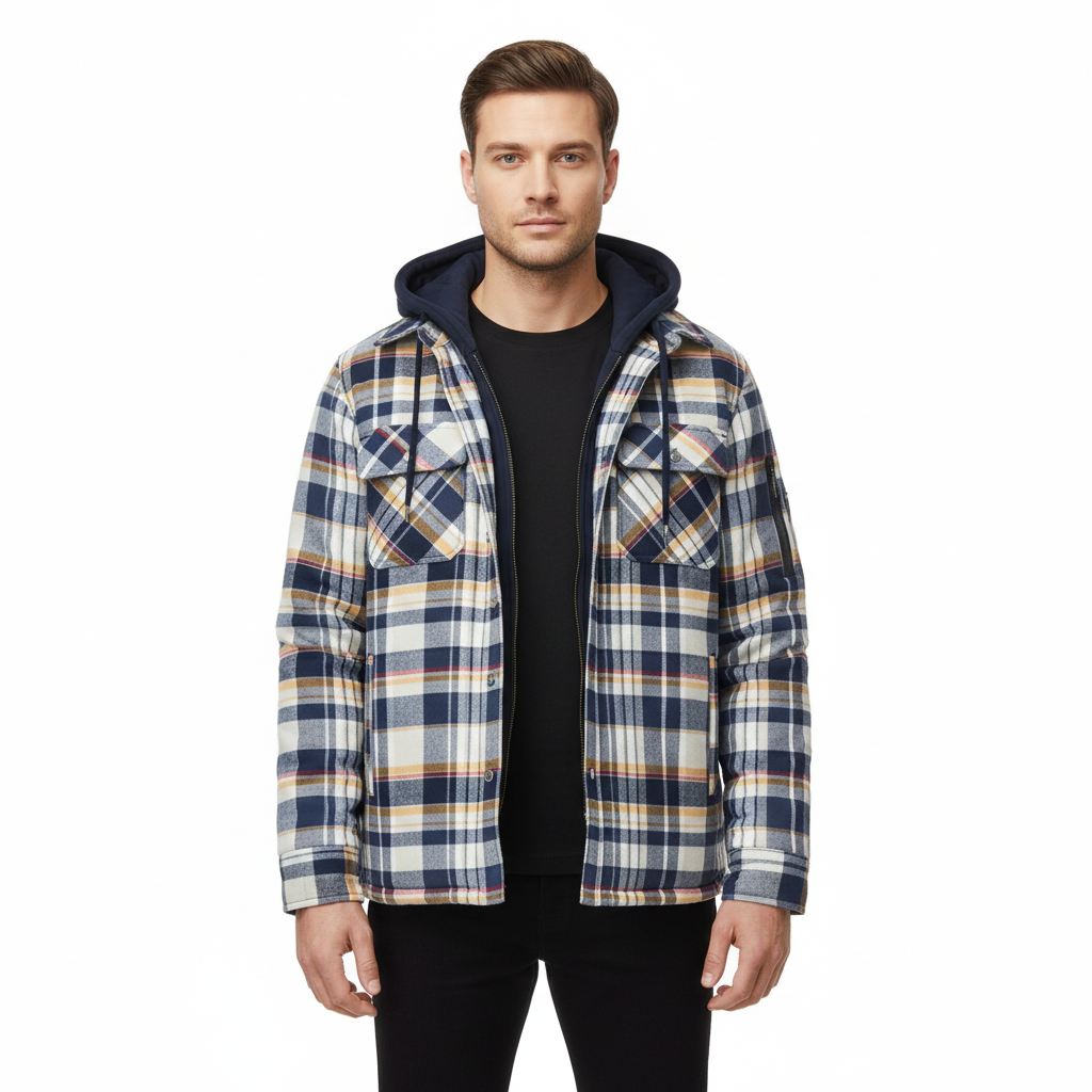Men's Checkered Jacket with Hood and Chest Pockets