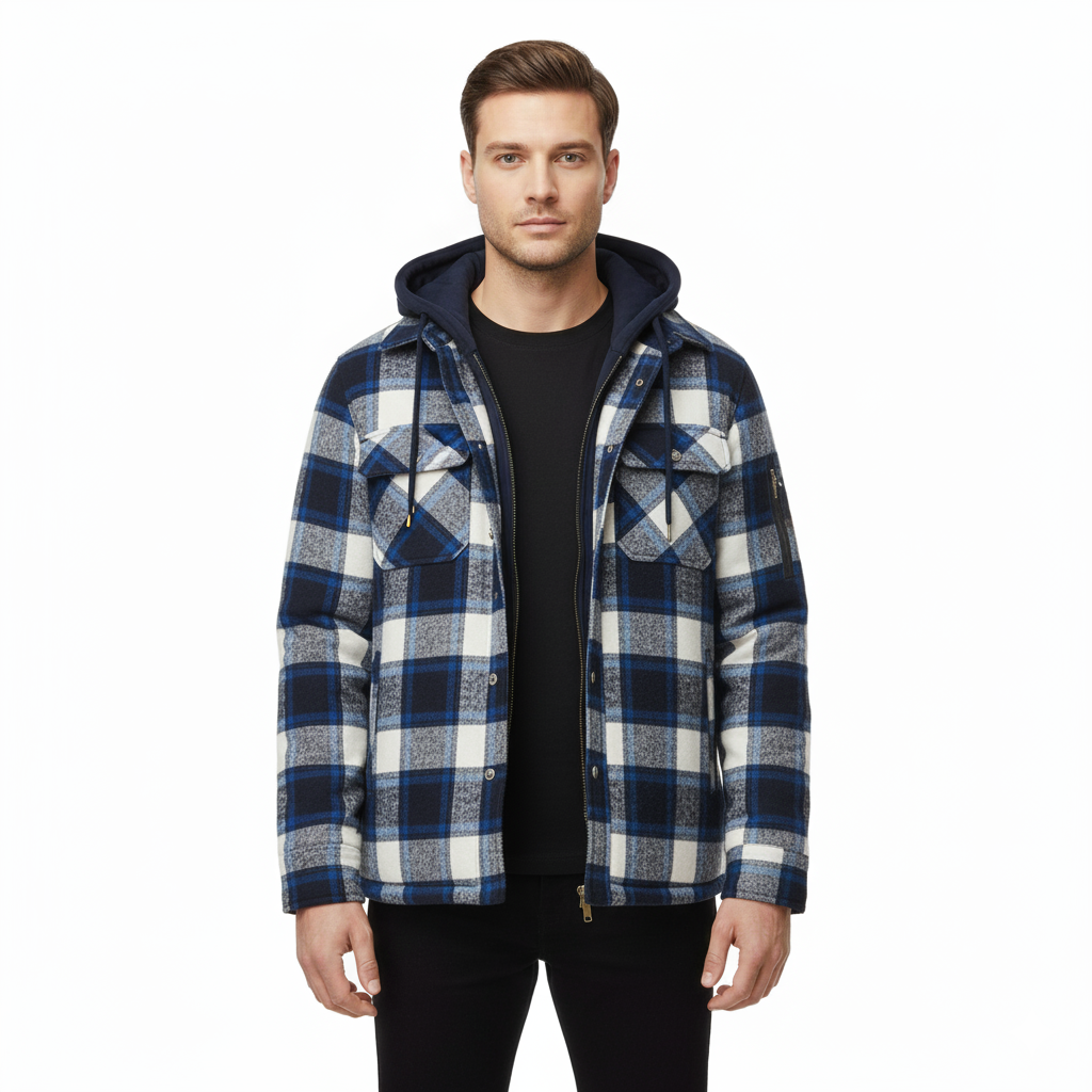 Men's Checkered Jacket with Hood and Chest Pockets