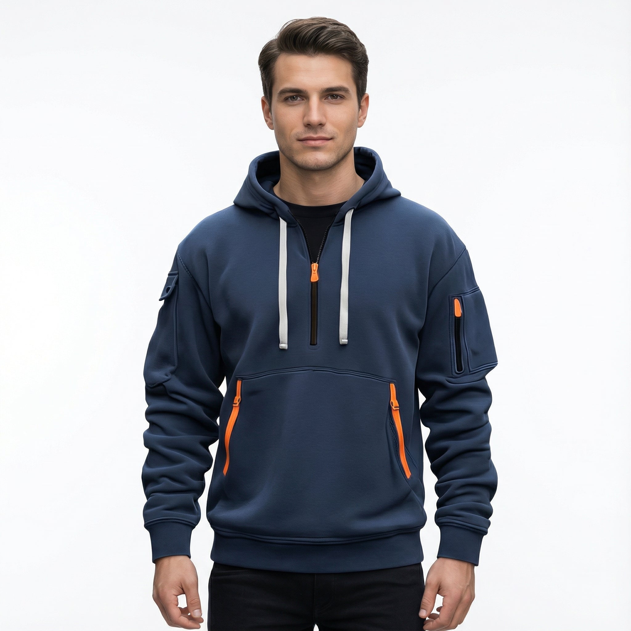 Men's Hoodie with Half-Zip and Multiple Pockets