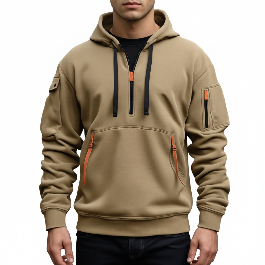 Men's Hoodie with Half-Zip and Multiple Pockets
