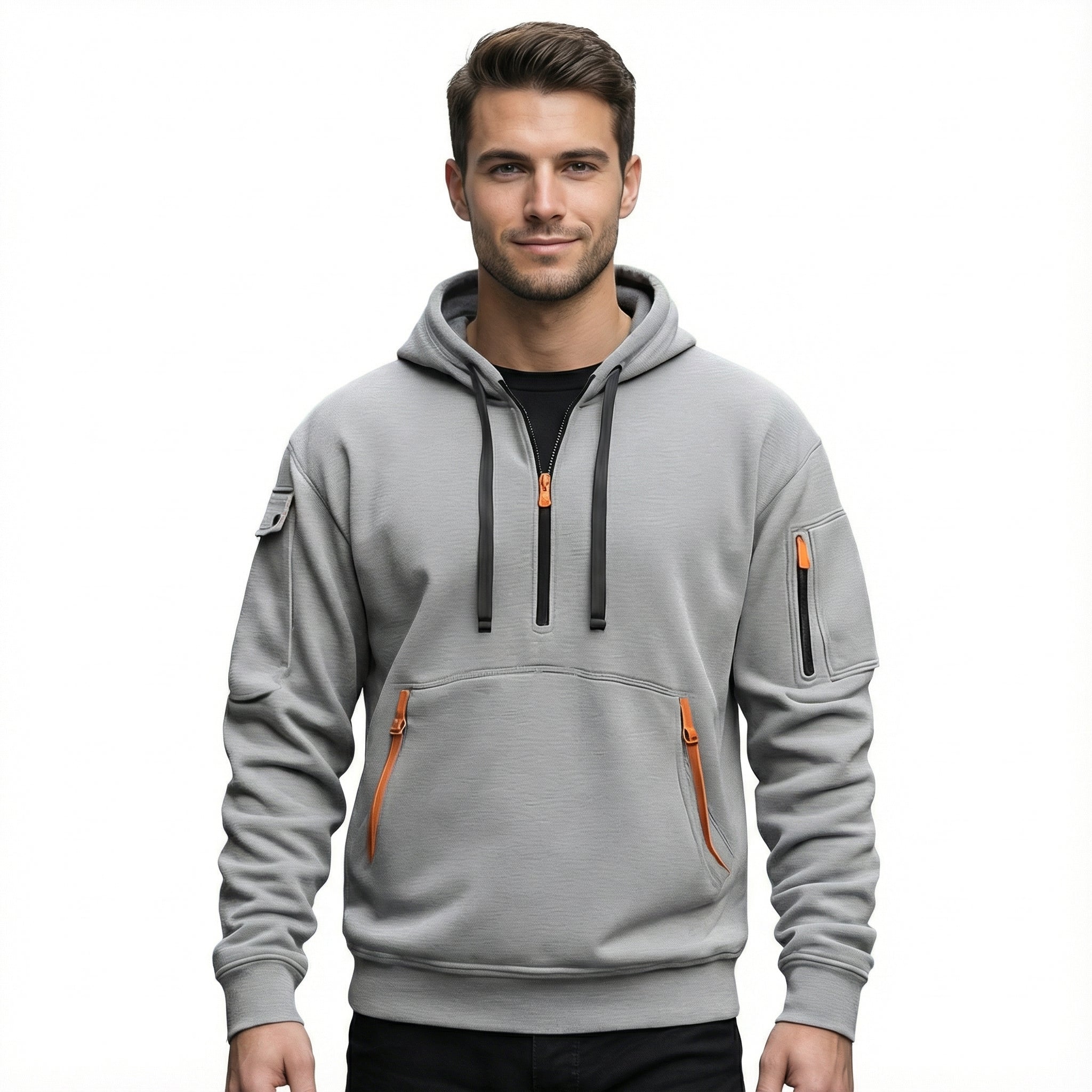 Men's Hoodie with Half-Zip and Multiple Pockets