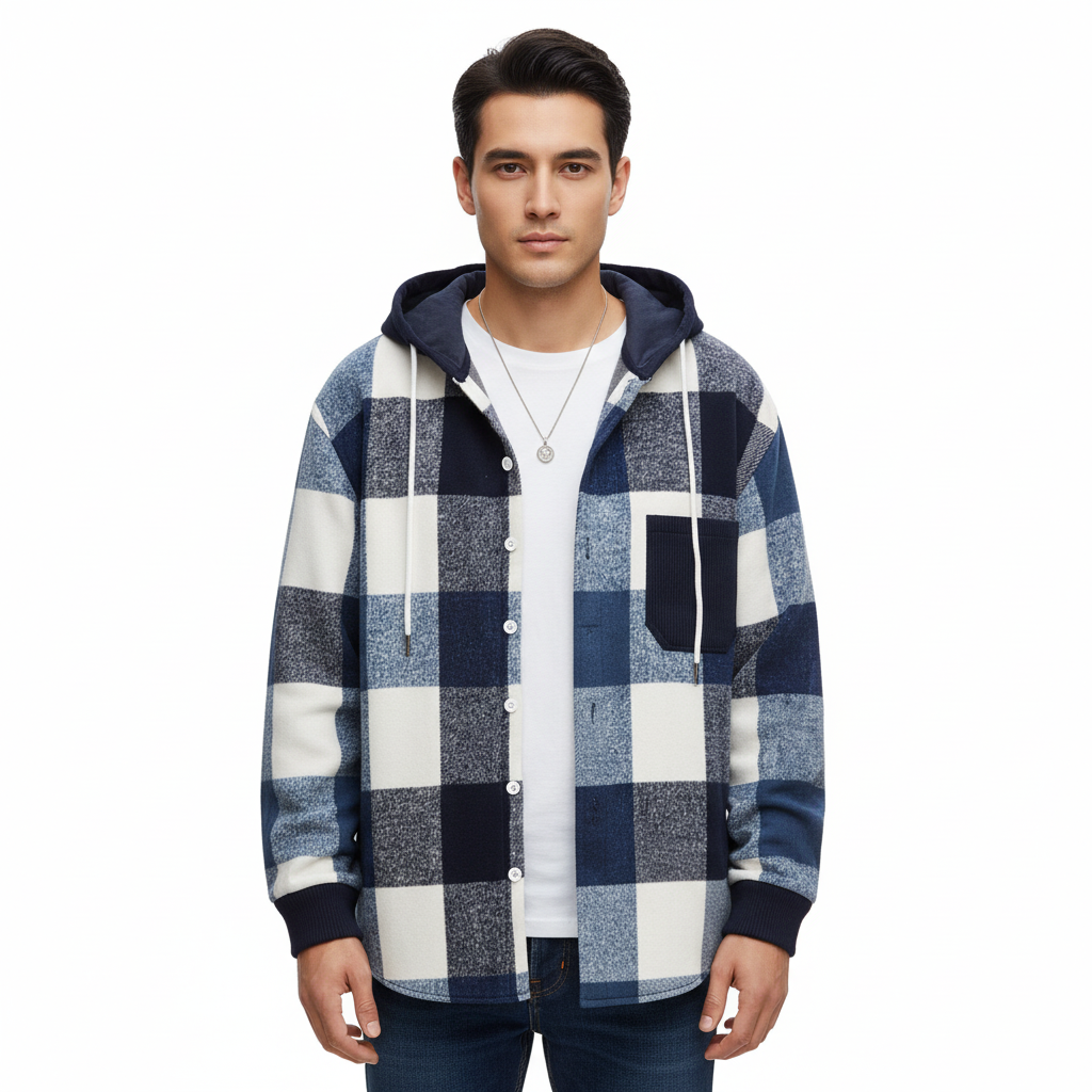 Men's Hooded Jacket with Check Pattern and Relaxed Fit
