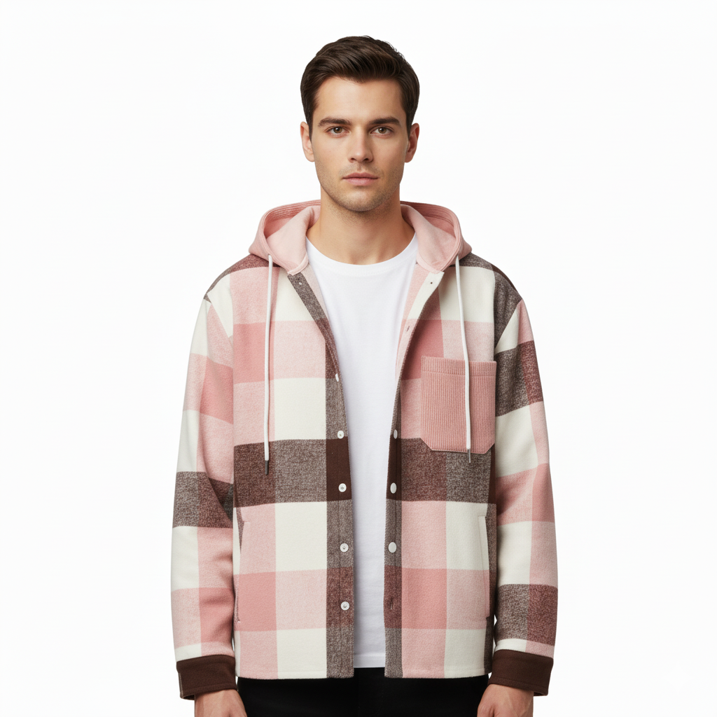 Men's Hooded Jacket with Check Pattern and Relaxed Fit
