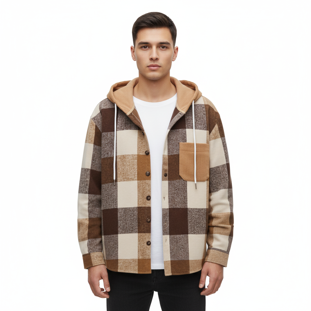Men's Hooded Jacket with Check Pattern and Relaxed Fit