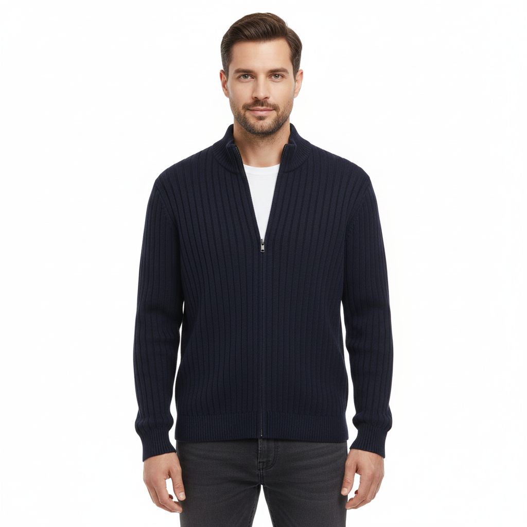 Men's Cardigan with Zip Closure and Long Sleeves