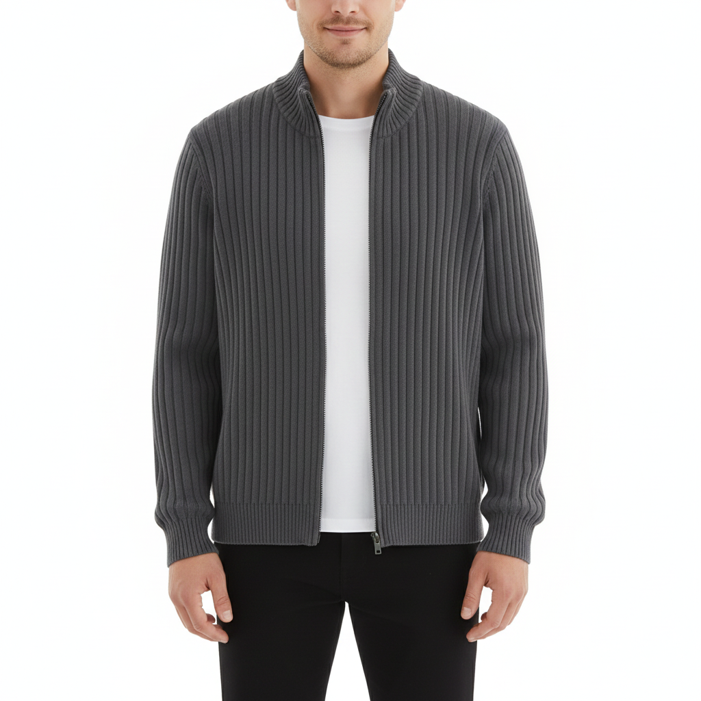 Men's Cardigan with Zip Closure and Long Sleeves
